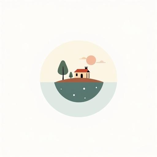 Minimalist logo design features a tiny floating planet with a single tree and a small house. The design uses clean line art with a soft pastel color palette. The artwork is modern and dreamy, presented in a centered circular shape against a white background, with no text.