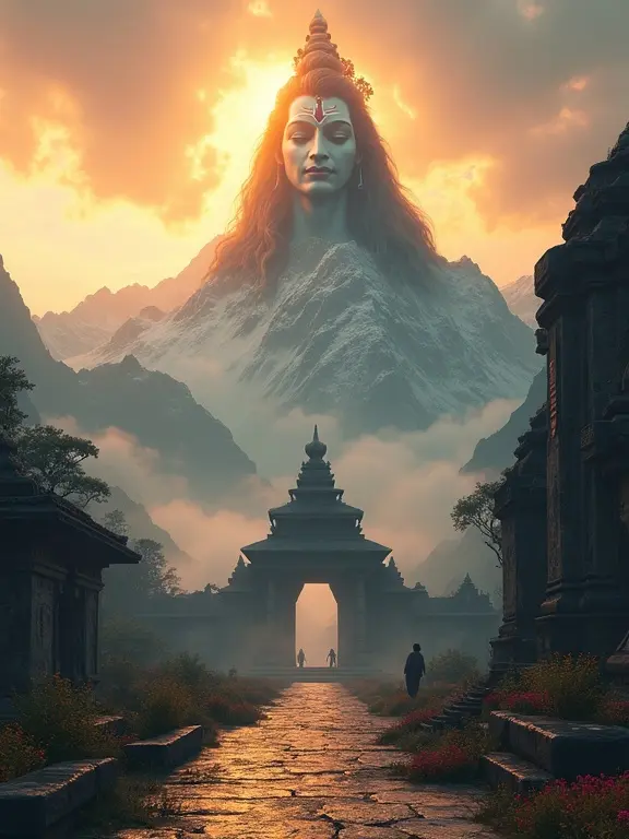 Hyper-realistic cinematic scene with majestic mountain range at sunrise and an ancient temple in the foreground. Towering snow-capped peaks rise into the mist. Behind the mountains, a colossal divine form of Lord Shiva emerges from the sky. Calm face and glowing third eye visible through drifting clouds. Matted hair blends with sky and faint outline of trident silhouettes against morning light. Scene radiates serenity and power with ethereal glow around Shiva. Temple features weathered stone carvings, scattered flowers, and faint incense smoke. Overall tone is divine, mystical, awe-inspiring.
