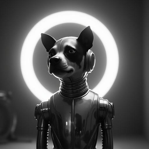 Robot design featuring a metallic boston terrier with 1920s film quality. The background has a bright halo effect surrounding the figure. The image looks like a still from a vintage cinema.