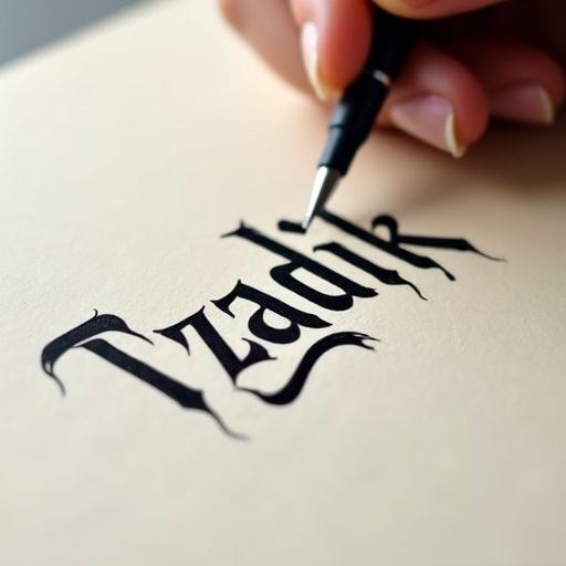 Close-up of a hand writing the word 'Tzadik' with a pen. Arabic calligraphy is being created with elegant script design. Focus on writing technique in detail.