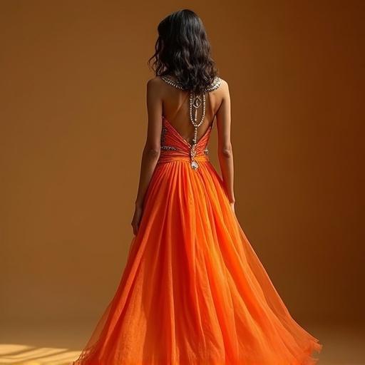 Model wears a vibrant orange gown. The design shows ancient Egyptian influences. The focus is on the back of the gown where details shine. Warm and soft lighting complements the flowing fabric.