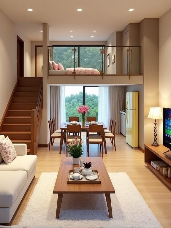 Modern two-level living space with stylish design. Open-plan area features a light beige section sofa on a white rug. Wooden coffee table with plates and a teapot. TV stand with a flat-screen television. Dining area with wooden table and chairs set with a vase of pink flowers. Light yellow refrigerator in a glass kitchen. Wooden stairs lead to the upper level bedroom with floral-patterned duvet and large windows.