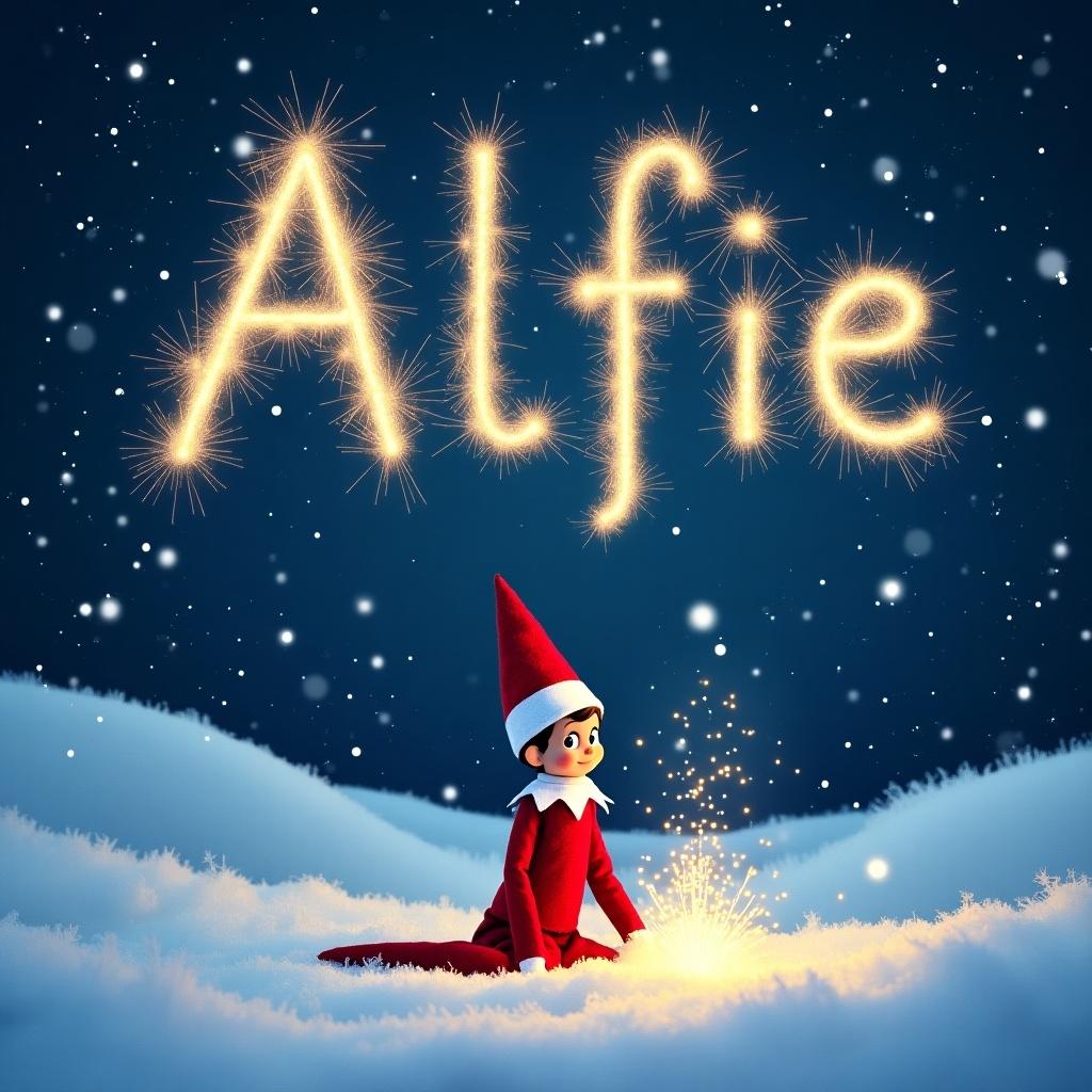 This image depicts a whimsical Elf on the Shelf named Alfie sitting on a snowy landscape during nighttime. The elf is dressed in a classic red outfit with a jaunty hat. Above Alfie, the name 'Alfie' is beautifully spelled out in sparkling light, as if created with sparklers in the winter sky. The background is filled with gentle snowfall, enhancing the magical atmosphere. The snowy ground reflects the light from the sparkler text, creating a warm yet festive glow. It's a perfect scene capturing the spirit of Christmas and childhood wonder.