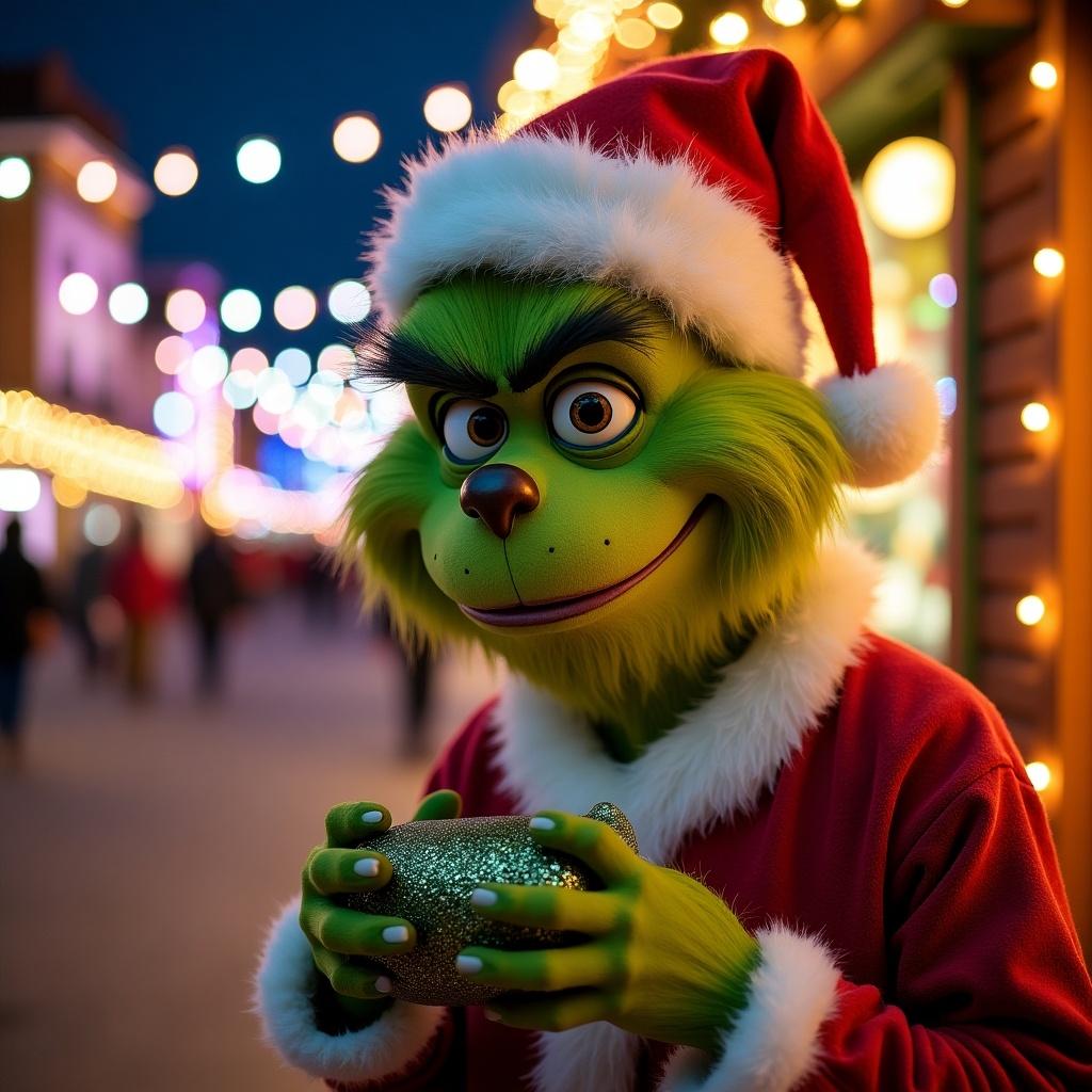 Character dressed in Santa outfit holds glitter object. Soft lights illuminate the background at night. Evokes Christmas joy.