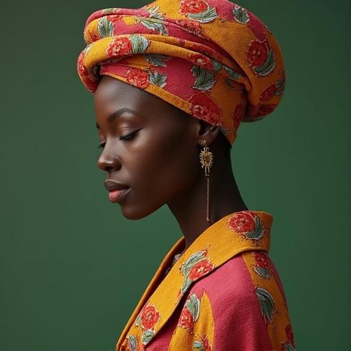 A woman poses in profile wearing a colorful headdress and attire with floral patterns against a dark green background.