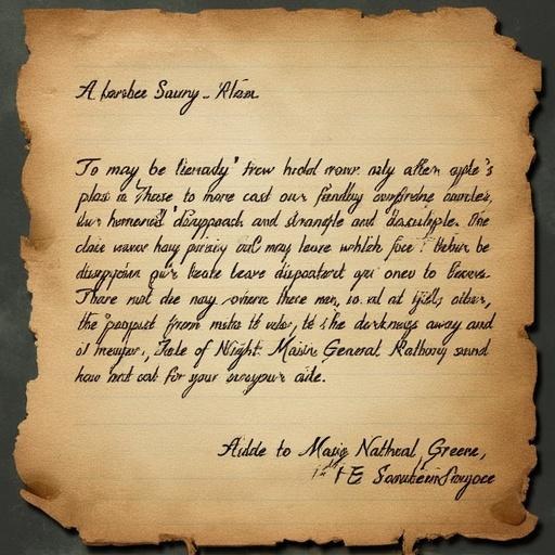 Realistic looking letter from 1779 featuring handwritten text expressing concerns about darkness and the safety of a hamlet. The letter signature from Colonel Samuel McDowell to Major General Nathaneal Greene. The document should look aged and difficult to read.
