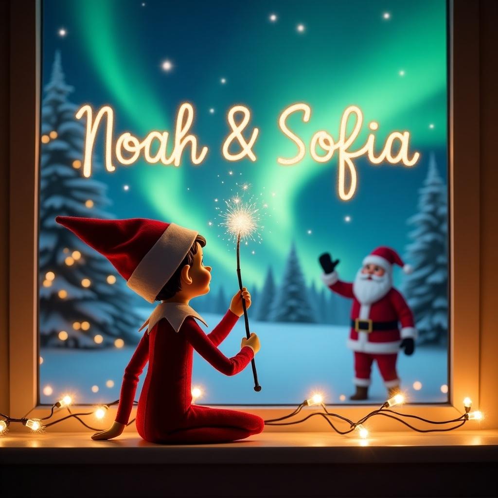 An elf on the shelf sits with its back to the viewer, gazing up at the sky. The elf is using a magic wand to elegantly write the name 'Noah & Sofia' in sparkling light. The background features a stunning Christmas scene with the northern lights illuminating the night sky. Santa Claus can be seen waving cheerfully in the distance. Warm, enchanting lights adorn the window sill, contributing to the festive atmosphere.