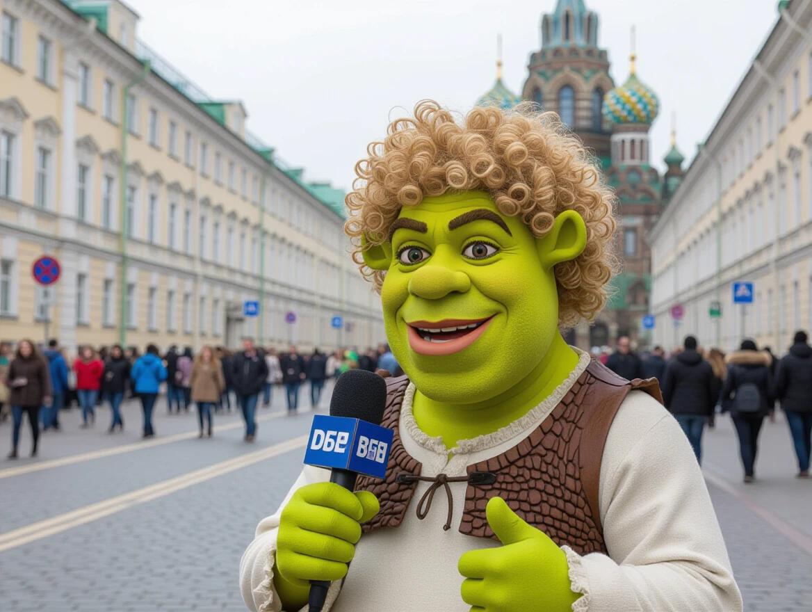 Shrek character with curly wavy blonde afro hair reports news in St. Petersburg streets. Captured in a lively urban setting. Character showcases enthusiasm and friendliness. Background features historical architecture and crowd.