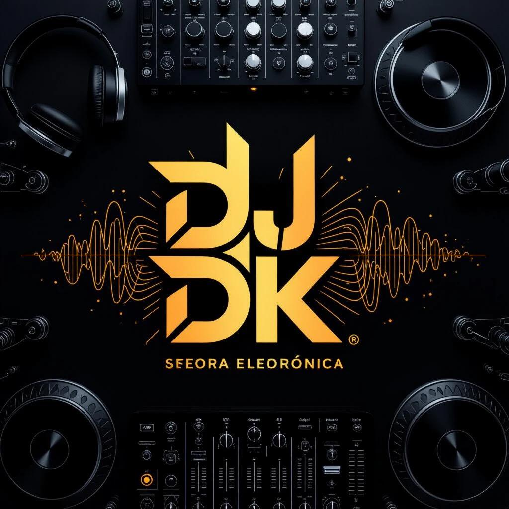 Create a modern and impactful logo featuring the name 'DJ DK'. Use a black and gold color palette. Use bold and stylized typography with a futuristic or electronic appearance. Include visual elements related to electronic music or DJ atmosphere like headphones sound waves a mixing board or light effects. The composition should be balanced emphasizing the name 'DJ DK' with a touch of glossy or metallic gold against a dark background with black details. The logo style must be versatile for use on flyers social media music covers and projections. Highlight a modern elegant and professional look with a transparent background (PNG) and high resolution.