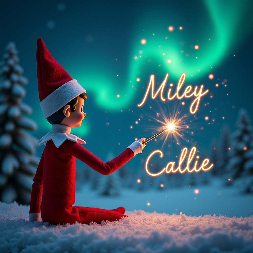 An enchanting Christmas scene featuring an elf on the shelf. The elf sits with its back to us, gazing upwards. It uses a wand to elegantly write the names 'Miley' and 'Callie' in the night sky. The background is adorned with stunning northern lights and a distant image of Santa Claus. Snow blankets the ground, creating a serene winter wonderland. This magical moment captures the essence of holiday joy and wonder in the air.