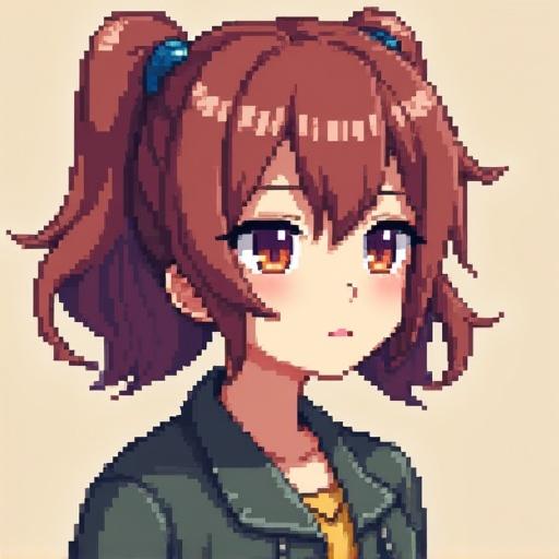Anime girl in pixel art style. Character has brown hair styled in two ponytails. Wearing a jacket and looking thoughtfully. Bright eyes and a neutral expression.