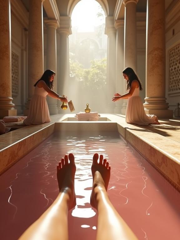 Step into a stone bath filled with rose petals. Bare legs and hands in the foreground. Servants in linen robes at bath edges. One pours oil into water. Another holds a towel. Steam rising from water. Marble columns and sunlight through windows. Reflection in water surface. First-person perspective, photorealistic style.