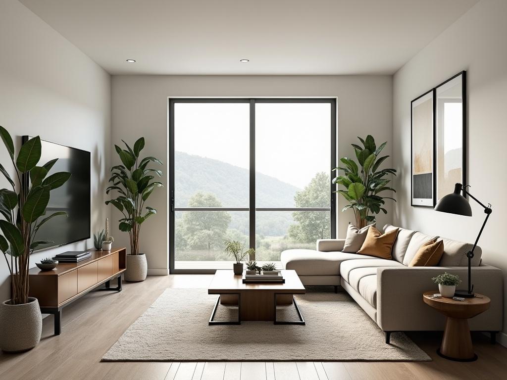 A modern house with a spacious living room featuring contemporary furniture. The room has a minimalist design with a neutral color palette. There is a comfortable sofa facing a stylish coffee table. A large window allows natural light to flood the space, enhancing the airy feel. Decorative elements include potted plants, artwork on the walls, and accent pillows on the sofa.