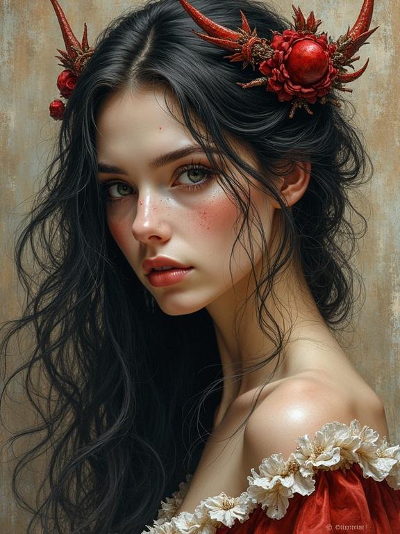 Dark fantasy art featuring a girl with long hair in a red dress. Ornate headpiece made of red and natural elements. Realistic portrait style. Background has a distressed texture.