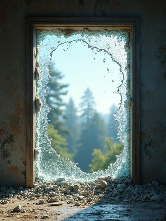 A large block window with shattered glass exploding outward. Fragments are scattered around a ruined interior revealing trees and nature outside.