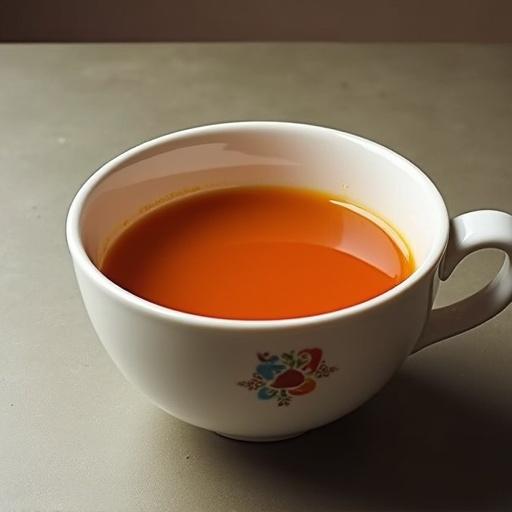A close-up image of a soup cup filled with orange soup. The cup has a floral design. The background is neutral and soft. The soup has a rich and inviting color.