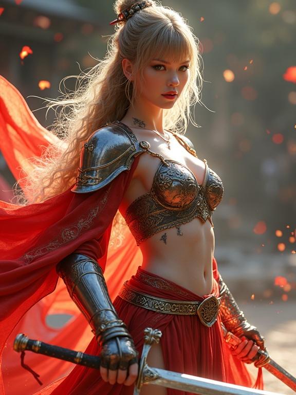 Ultra-realistic portrait of a sensual Three Kingdoms warrior blending Koei's Sangokushi character design with modern fashion. Features reinvented Han dynasty armor, crimson silk, thigh-high armored boots with phoenix motifs. Includes battle elements like torn banners, Celtic tattoos, and a glowing guqin sword. Sensual details like wet-look hair and high-slit underrobe. Style fuses traditional Chinese ink wash with neon effects.