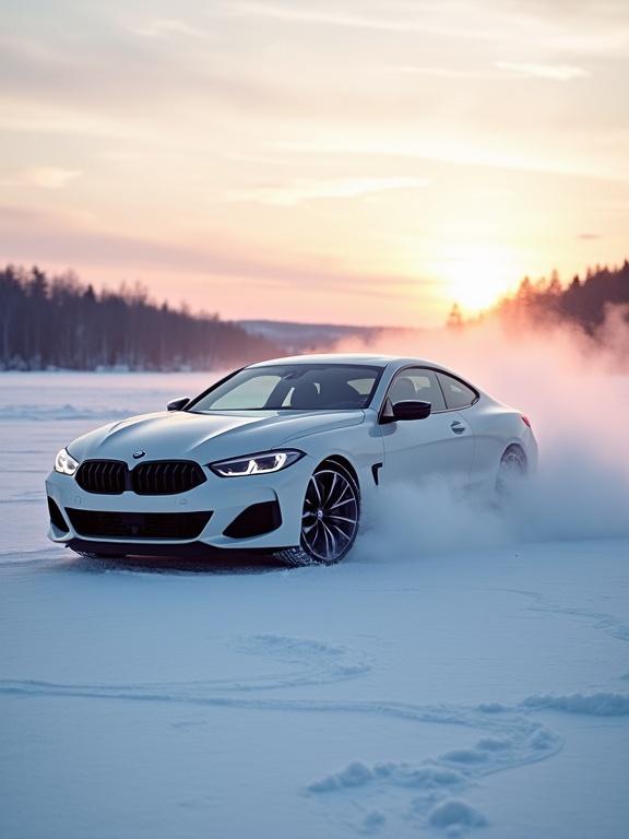 Sleek white BMW sports car drifts through deep snow. Frozen landscape during sunset. Snow sprays from the tires. Soft pastel sky and dark tree line background. Dynamic yet serene winter scene.