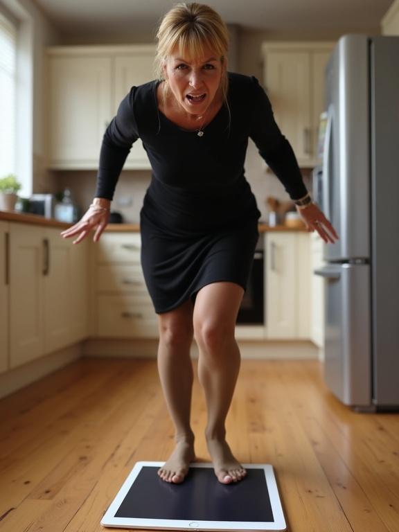 Middle aged woman stomping on iPad on kitchen floor. Wearing black dress and tan pantyhose. Displaying anger.