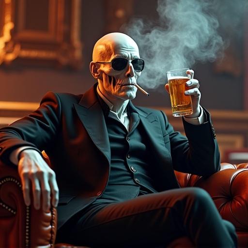 The Ghost Rider character depicted sitting on a luxe leather couch while enjoying a beer and smoking a cigarette in an upscale setting.