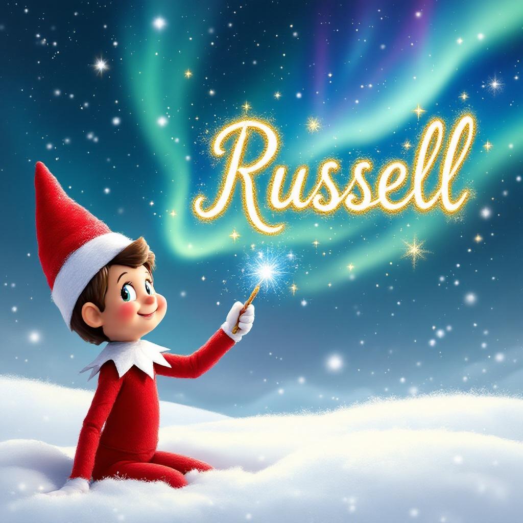 A snowy landscape under a starry night sky with northern lights. The Elf on the Shelf in a red and white outfit holds a magic wand. Sparkling letters spell the name 'Russell'. Snowflakes are falling around him. The scene is cheerful and captures holiday magic.