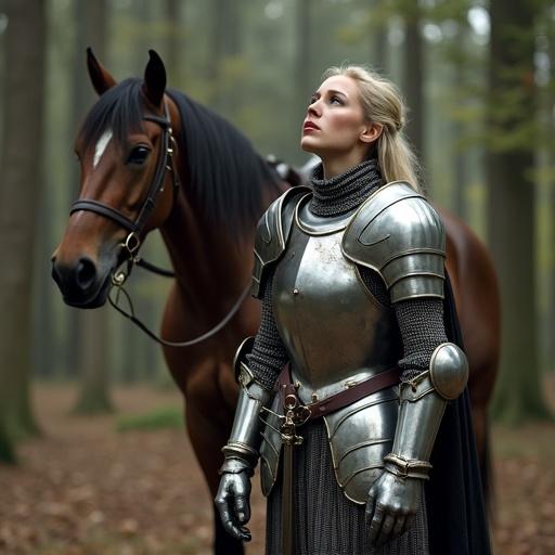 Photorealistic image of a defeated blonde knight in shining chain mail armor with cuts on both hands. Knight is looking up very afraid while sitting on the ground in front of a beautiful horse with an empty saddle. A sword lies on the ground beside her. The setting is a forest, creating a dramatic effect.