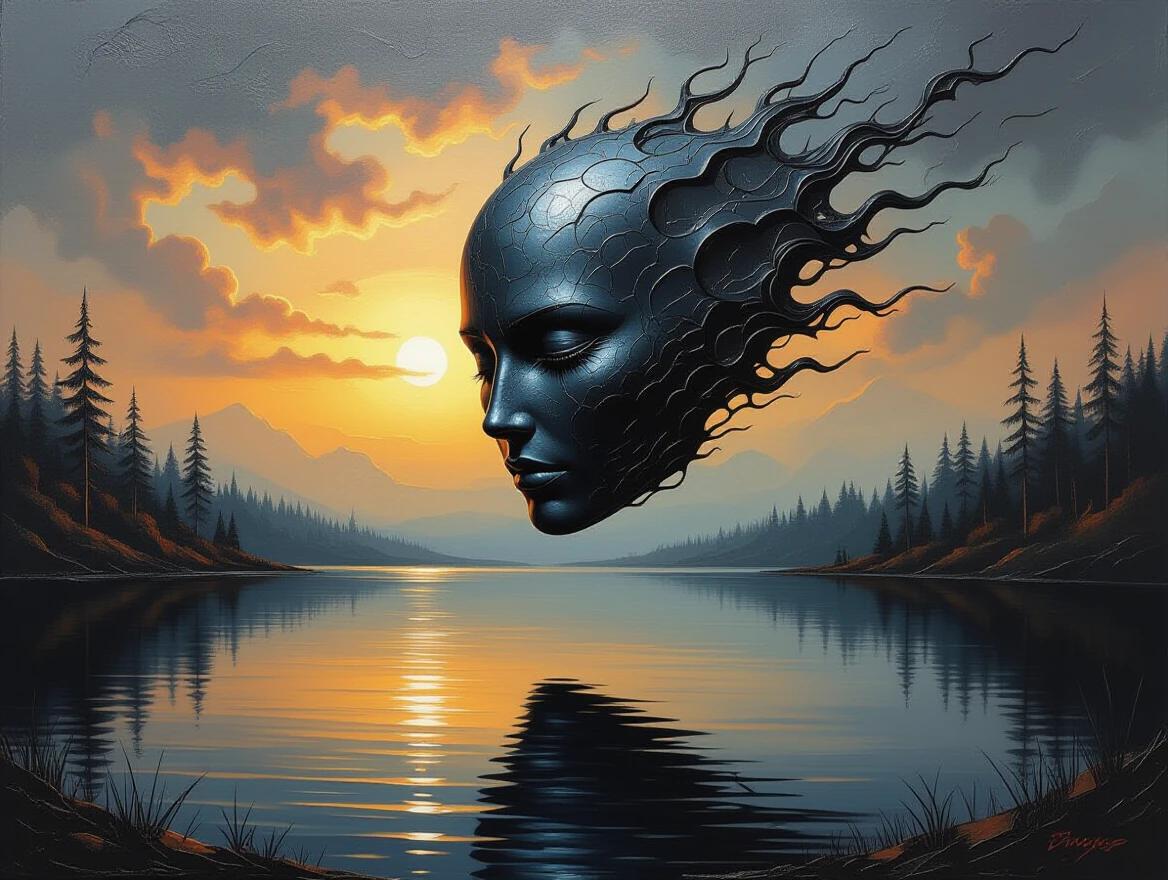 A masterpiece of sculptural oil painting showcasing a dark fantasy landscape. A strange form floats silently above a still lake. The image uses thick, rough matte oil paint. Includes elements of liquid metal with holographic texture in neotribal style.