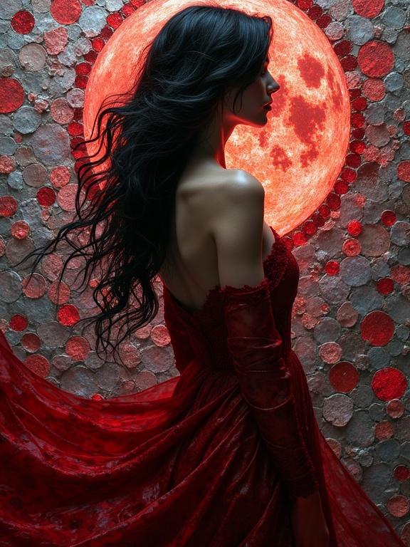 A beautiful Gothic woman in a red dress stands silhouetted against a large red moon. Her black hair flows elegantly. The background features iridescent ceramic tiles and glass mosaics. The image is rendered in black and white capturing high contrast light and shadows.
