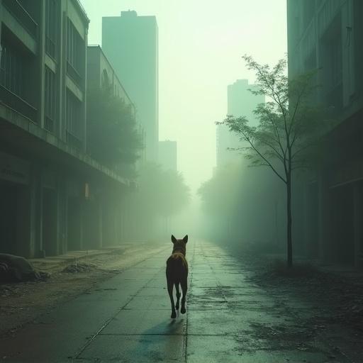 Image of post-apocalyptic Sao Paulo focusing on deserted Avenida Paulista. A caramel-colored street dog walks through the empty avenue. Dense eerie fog covers the scene allowing beams of sunlight to pierce through. The setting reflects urban decay and abandoned buildings, creating shadows and a surreal tone.