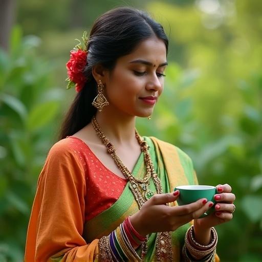 Create a beautiful Indian lady selling green tea. She is wearing traditional clothing with vibrant colors. She holds a green tea cup. She is in a lush green environment.