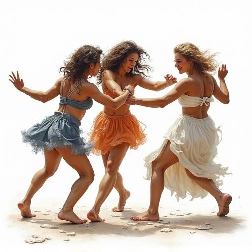 Full body view of three women brawling and tossing around in an energetic scene. Scene features elements of oil color painting with a white background. The artwork showcases highly detailed linework and realistic illustration reminiscent of famous artists. Three women dressed in flowing garments exhibit movement and expression in a dramatic encounter.