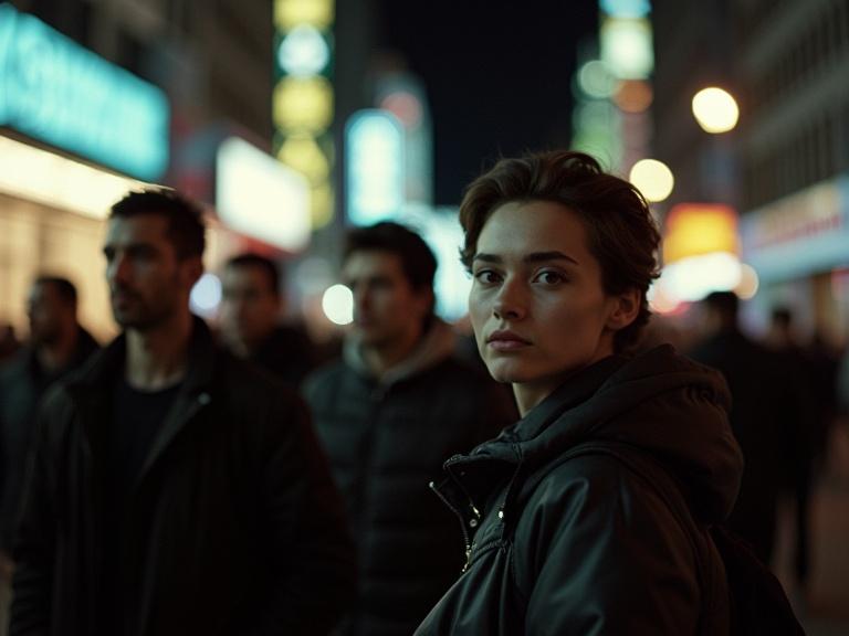 Closeup shot of a woman on a nighttime busy street. Cinematic timelapse shows stoic faces in the crowd. Neon and sodium vapor lights create shadows. The scene feels like a documentary from the 1980s.