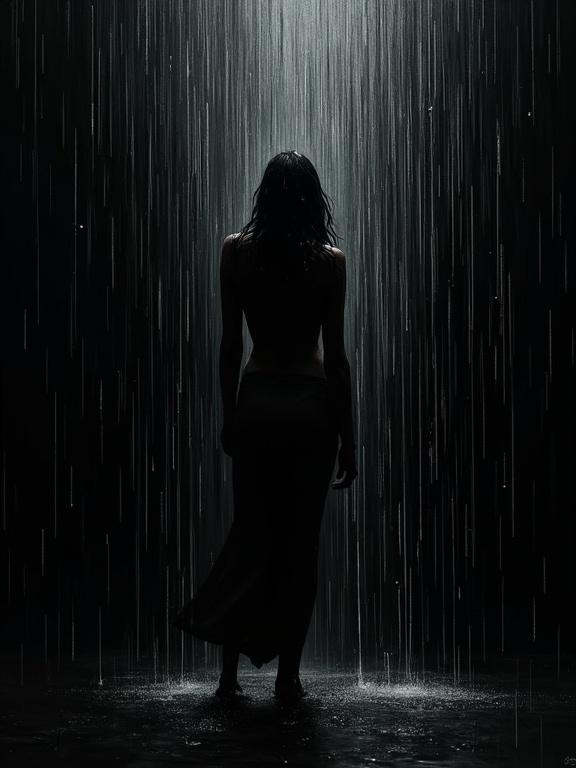 Abstract digital illustration in oil-brush style with solid black background. Off-center female silhouette almost vanishing in downpour; thick white brushstrokes where raindrops catch light. Emphasize surreal dissolution; form bleeds into rain with jagged edges.