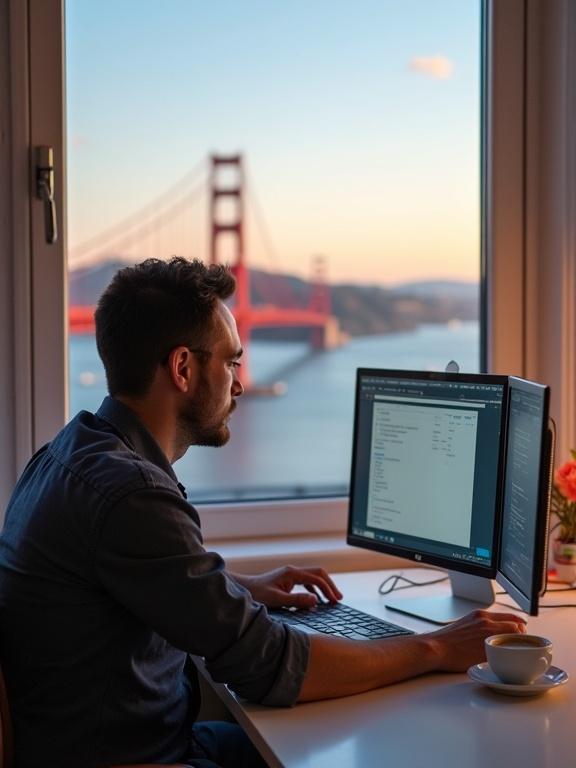 Man working as QA engineer at e-commerce company. Found a bug and is happy. 33 years old man. Window view of Golden Gate Bridge. White table with coffee cup. Working on dual screens.