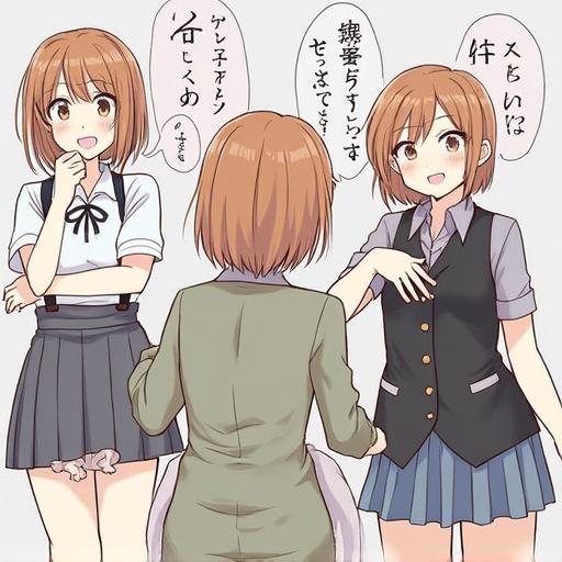 Anime style illustration featuring cheerful high school girls in casual uniforms. Characters show playful emotions. One character holds a bento box with a humorous expression.