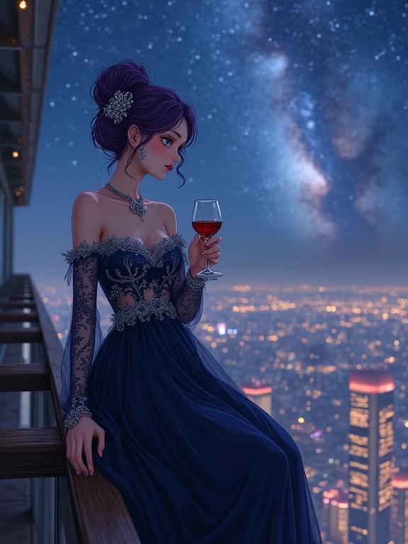 A beautiful woman with violet hair and silver hairpin. She has fair skin and large eyes. Wearing a dark navy off-the-shoulder dress with silver lace. Seated on a wooden ledge holding a glass of red wine. Looking off to the side. Background features a starlit sky with a vibrant Milky Way and glowing city lights. Overall atmosphere is serene and ethereal.