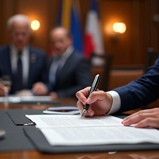 Ceremonial wide shot showing fountain pen poised to sign treaty document on a table. Observers include Stoltenberg and Biden. Multiple alliance flags create a colorful background. Medium format photograph with fine details.