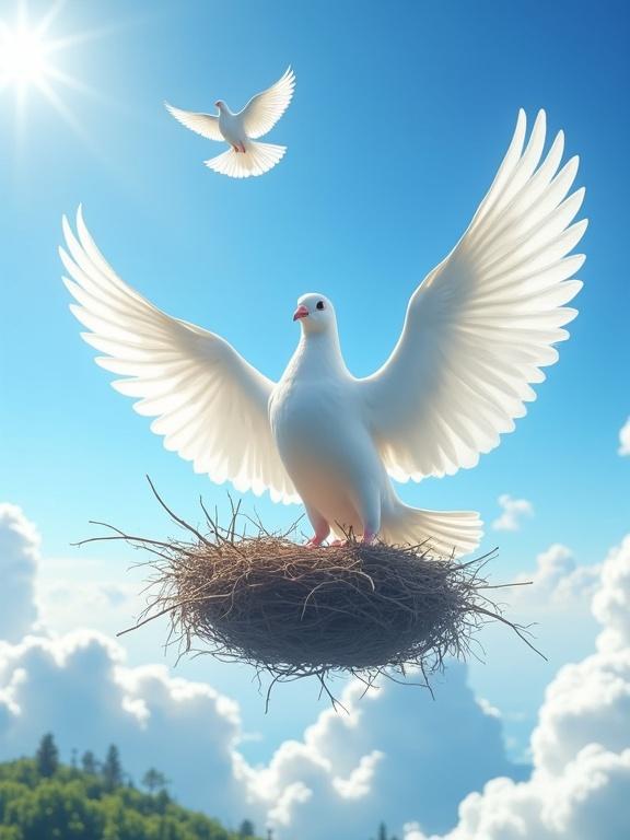 Large white dove with wings spread stands on a twig nest. Nest floats on fluffy white clouds. Below is a hint of green landscape. Smaller white dove flies high in blue sky. Bright sun shines.