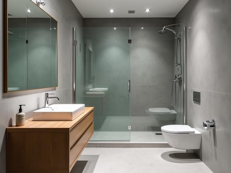 Modern bathroom interior design featuring a floating wood vanity with a white sink under a frameless mirror. A walk-in shower with glass panel and chrome fixtures. Wall-mounted toilet, gray tiles on the floor and walls, turquoise accents, and recessed lighting create a minimalist feel.