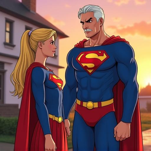 Digital illustration of Supergirl and her father SuperGuard in comic book style. Supergirl has blonde hair, wears red cape and blue suit with 'S' symbol. SuperGuard is muscular with white hair and moustache, dressed similarly but more masculine. They stand in front of a futuristic house during sunset.