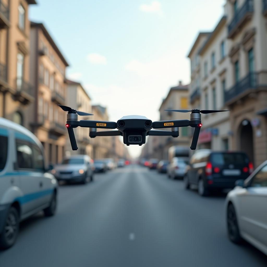 A drone is flying on a street surrounded by cars in a city. The scene shows a clear road with buildings in the background, emphasizing urban delivery capability. The drone is equipped for delivering medical supplies.