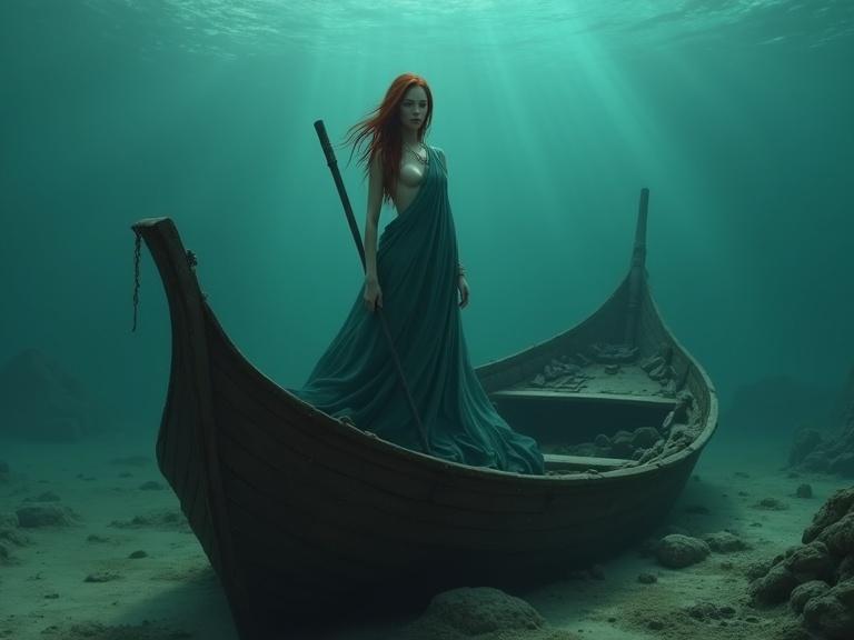 Woman stands in a sunken boat underwater. She has long dark red hair and a serene expression. Wears a deep teal gown. Holds a dark oar. The boat appears weathered and rests on the seabed. Light shines from above creating an ethereal glow. The atmosphere is mysterious and contemplative.