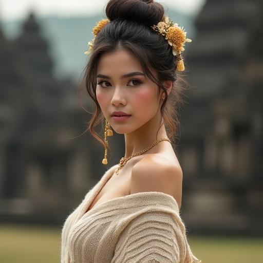 Elegant Indonesian woman with porcelain skin, glowing cheeks, large brown eyes, dark brown hair in intricate updo, golden floral hair accessories, oversized deep cut bareback sweater, poised upper part visible, bare legs, graceful pose, ancient Prambanan temple background, ultra-realistic photography style, 8K resolution.