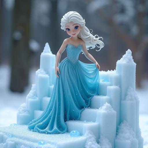 Frozen-inspired resin figure positioned on ice stairs in a snowy environment, showcasing intricate design and vibrant colors.