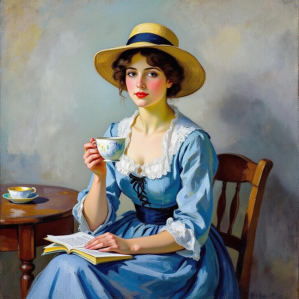 Oil painting of a woman in a blue dress. She sits while drinking tea. A book lies open on the table. The room features a soft blue background. A yellow sofa complements the scene. Decorative elements enhance the cozy atmosphere.