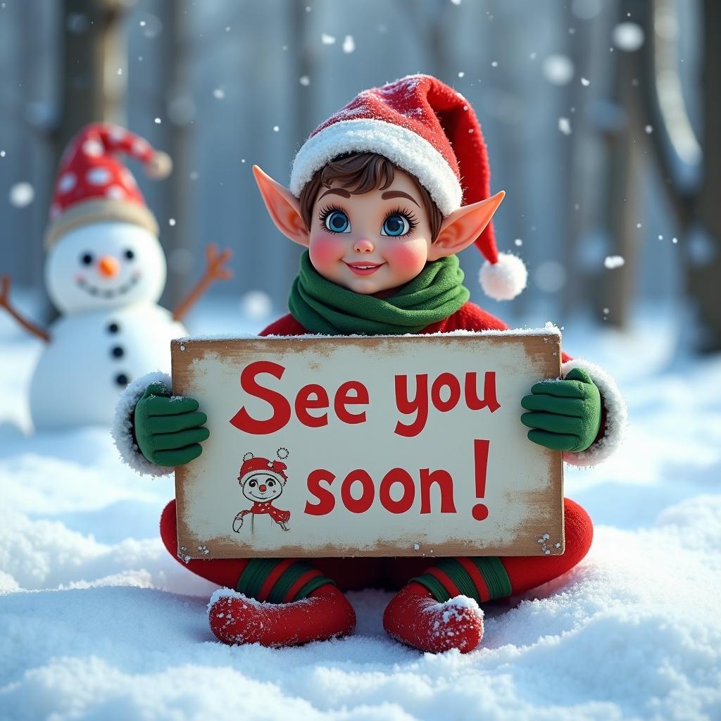 A cheerful elf is sitting in a snowy landscape, typical of the North Pole during the holiday season. The elf, with rosy cheeks and big eyes, smiles while holding a sign that says 'See you soon!' in bold letters. Dressed in a cute red and green outfit with a matching hat, the elf radiates festive joy. In the background, a snowman with a carrot nose and a mischievous smile adds to the wintery charm. The surrounding trees are lightly dusted with snow, creating a magical atmosphere filled with holiday cheer.