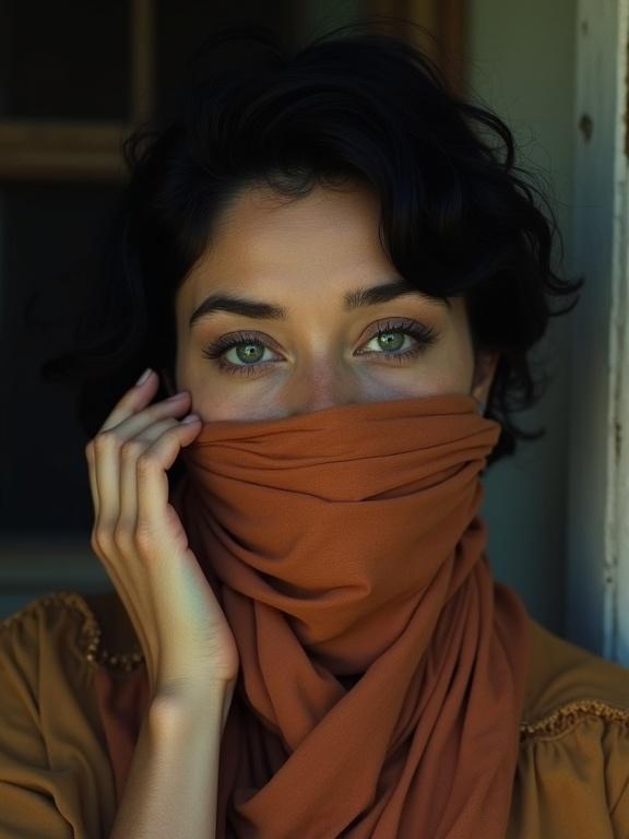 Cinematic film still showcasing vintage fashion photography. A woman features blue eyes wearing a scarf. The image includes perfect body and anatomy. The colors highlight cinematic skin tones. The background conveys a vintage aesthetic from the 1960s to 1990s. The shot is a close-up with an eye focus on the covered mouth, enhanced by a shallow depth of field and moody atmosphere.