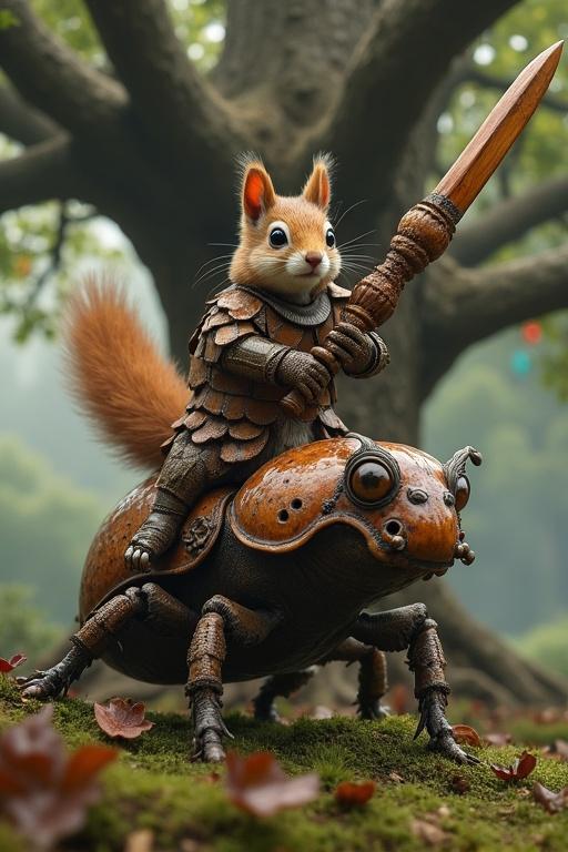 Squirrel knight in acorn armor rides a giant beetle. The oak tree stands tall in the background with fairy lights. The setting is enchanted and whimsical.
