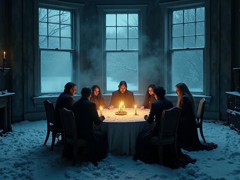 Six figures gather around a round table in a snowbound house. They engage in a séance. Figures are illuminated by candlelight. Steam from breath rises in the cold. Outside, a blizzard rages. Atmosphere is suspenseful and gothic. A hand spells out a message.