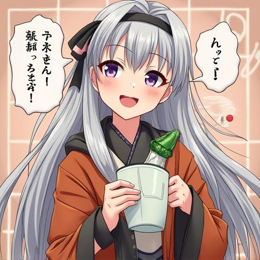 Character smiling and holding a drink with a playful expression. Warm colored background with soft tones. Japanese styled outfit. Anime theme is apparent.